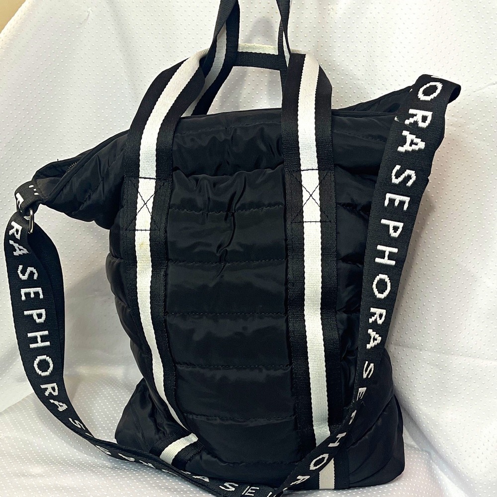 Sephora Black Quilted/Puffer Tote Bag Zip Top Detachable Strap